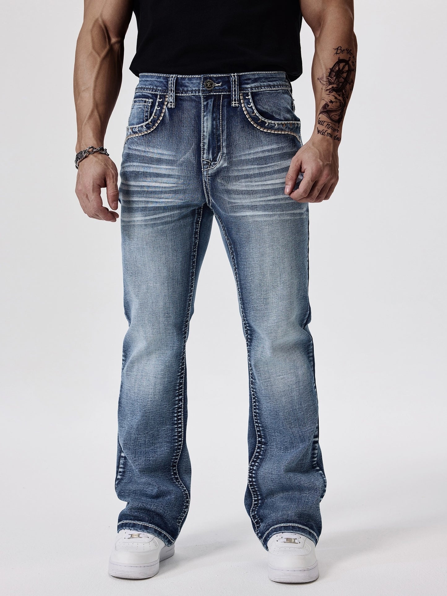 ESDVQ Men's Slim-Fit Classic Washed Denim Bell-Bottom Jeans - Mid-Stretch Machine-Washable Flared Pants with Suitable for All-Season Wear, Comfortable Stretchable Bell-Bottoms for Casual & Dressy Outfits
