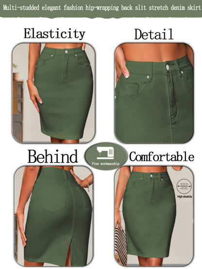 Women' High Waisted Olive Green Denim Pencil Skirt, Mid-Thigh Length Slim Fit with High Elasticity Stretchy Fabric, Featuring Button Front, Side Pockets and Back Slit Design, Casual Vintage Y2K Style for Spring and Summer Outfits