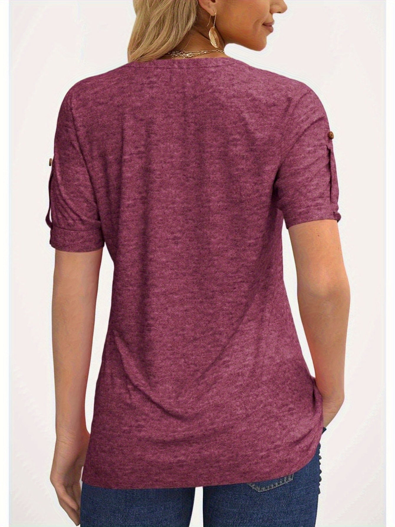 Casual Short-Sleeve Blouse for Women with a Solid Color, Featuring a Pleated Design, Buttoned V-Neck, And a Zipper