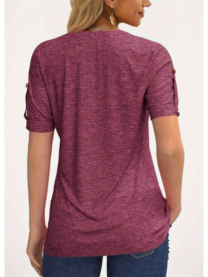 Casual Short-Sleeve Blouse for Women with a Solid Color, Featuring a Pleated Design, Buttoned V-Neck, And a Zipper