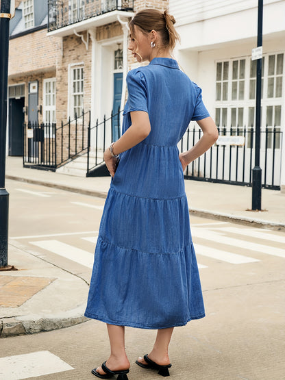 Women'S Light Blue Lyocell Denim Dress - Elegant V-Neck Short Sleeve Multi-Tiered Ruffled Hem Casual Vacation Dress, Machine Washable Regular Fit All-Season Wear