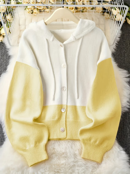 Plus Size - Fresh Pink & White Contrast Hooded Cardigan, Cozy Long Sleeve Cardigan with Button Details, Perfect for Fall/Winter