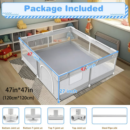 Baby Playpens In Multiple Sizes 71"*71", 71"*47", 47"*47" Large Play Pen For Babies And Toddlers With Soft Breathable Mesh, Climb-Proof Anti-Fall Baby Playpen, Sturdy Safety Play Yard For Indoor Outdoor Fun, Grey/Beige