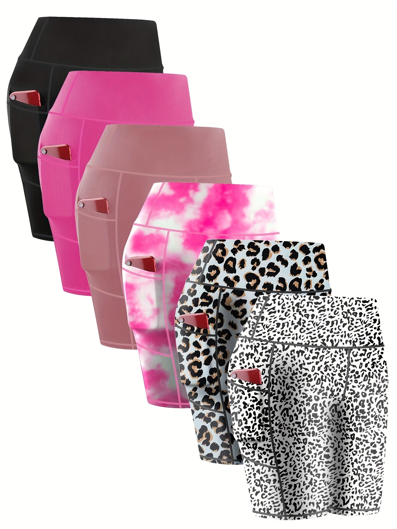 6-pack Large Size Sport Shorts For Women, Fashionable Casual Shorts, High-waist High-stretch Yoga Shorts, 5-inch Shorts With Phone Pocket