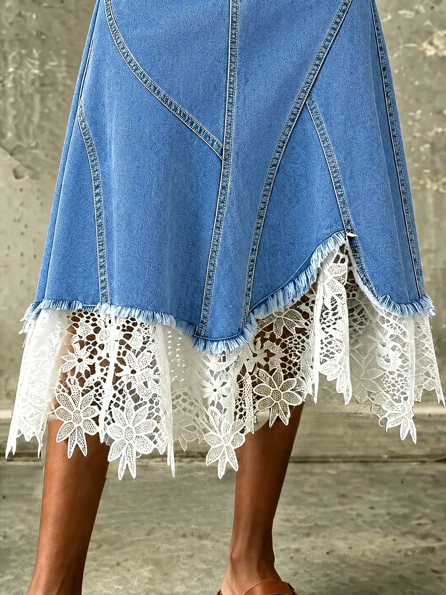 2026 New Summer Lace Splicing Cowboy Skirt, Women'S Big Umbrella Skirt, Elastic Medium Length Skirt, Slim Fit, Light and Mature Style