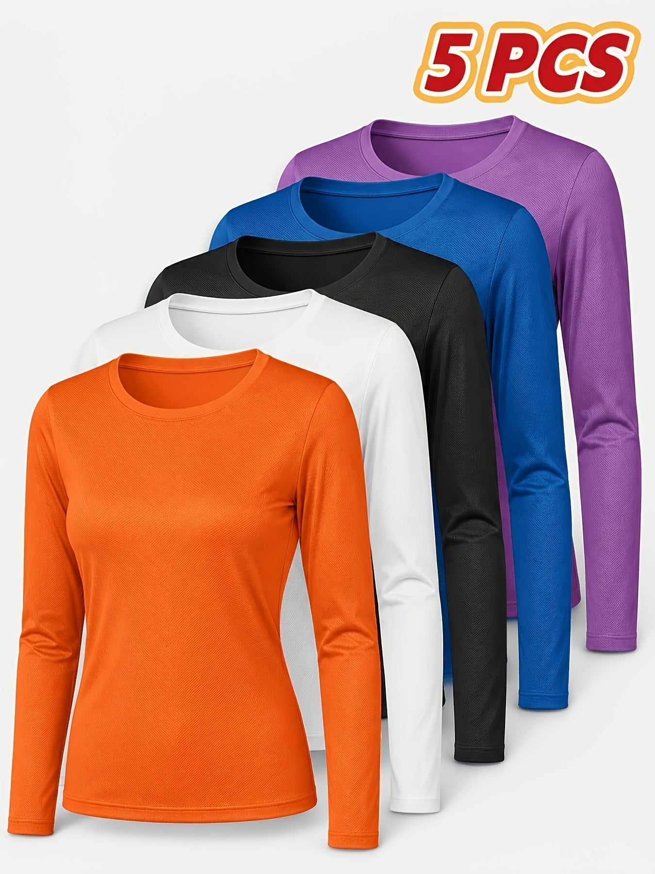 5pcs Women'S Long Sleeve T-Shirts - High Stretch, Moisture-Wicking & Breathable, Five Color Options for, Outdoor - Four Seasons Collection, Shirts, Wear, Solid Color Top, Breathable Fabric