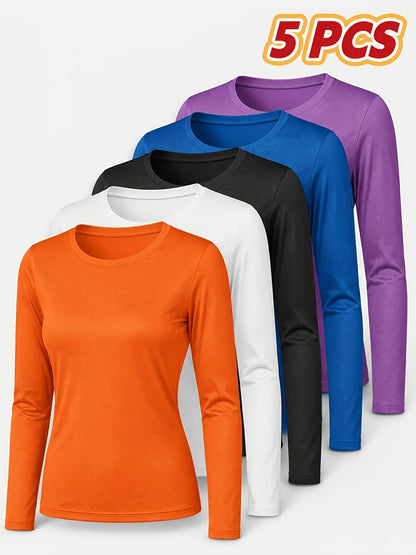 5pcs Women'S Long Sleeve T-Shirts - High Stretch, Moisture-Wicking & Breathable, Five Color Options for, Outdoor - Four Seasons Collection, Shirts, Wear, Solid Color Top, Breathable Fabric