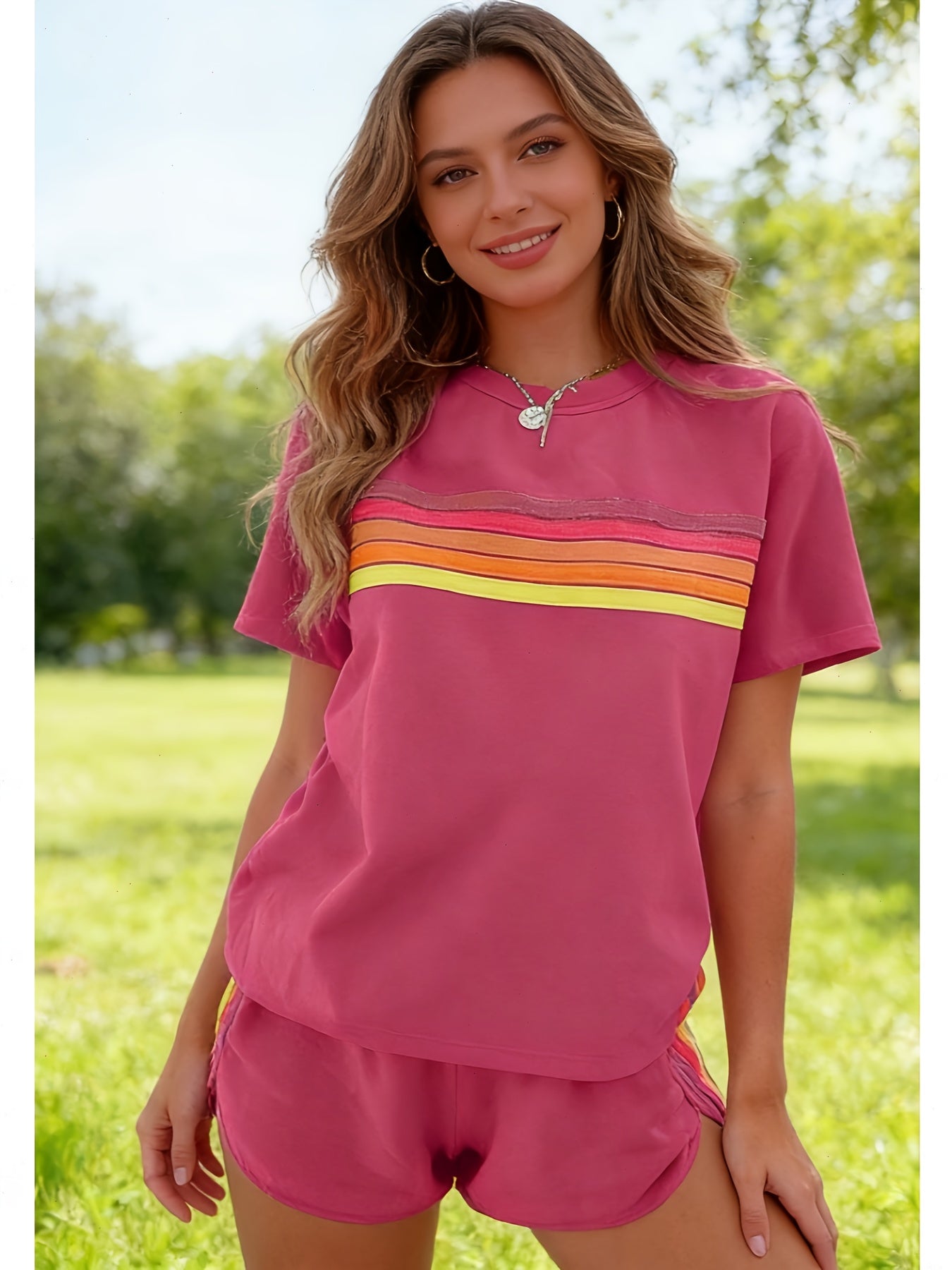2pcs Set Elevate Your Style with Our Chic Color-Block Shorts Set in White, Blue, Pink, Or Light Brown