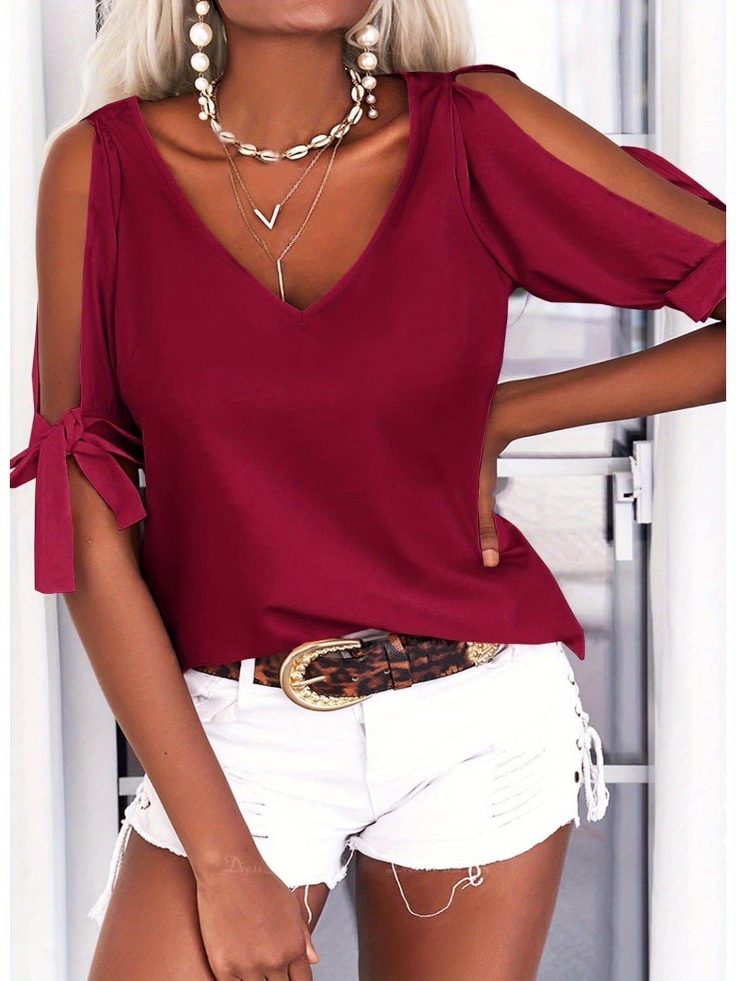 Women's Cold Shoulder Tops Short Sleeve V-Neck Casual Loose Cutout Summer Fashion Tshirts Blouse Shirts