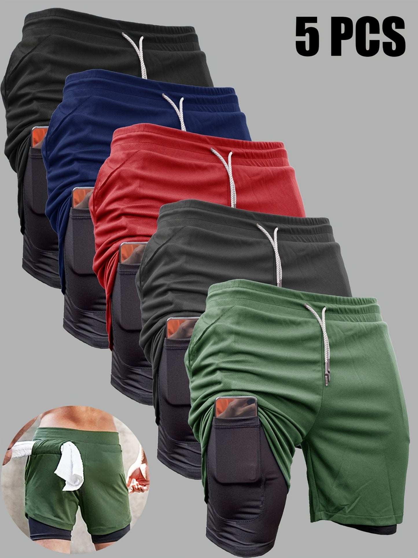 5pcs High Stretch Sports Shorts 5pcs Men'S 2-in-1 Double Layer Shorts With Inner Pocket, High Stretch Sports Shorts For Summer Gym Workout Training