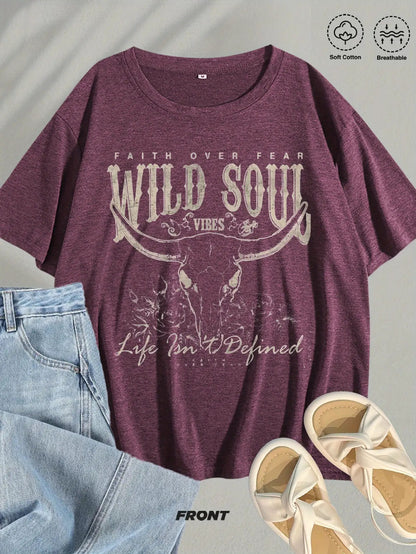 Wild Soul Graphic T-Shirt | Bohemian Style Design, Suitable for Adventurers and Casual Wear, Fashion Trendy Blend Short Sleeve Top with Crew Neck, Medium Stretch Fabric