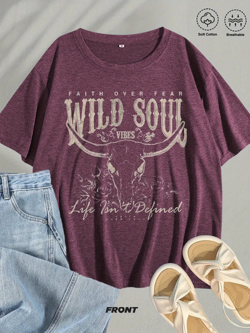 Wild Soul Graphic T-Shirt | Bohemian Style Design, Suitable for Adventurers and Casual Wear, Fashion Trendy Blend Short Sleeve Top with Crew Neck, Medium Stretch Fabric