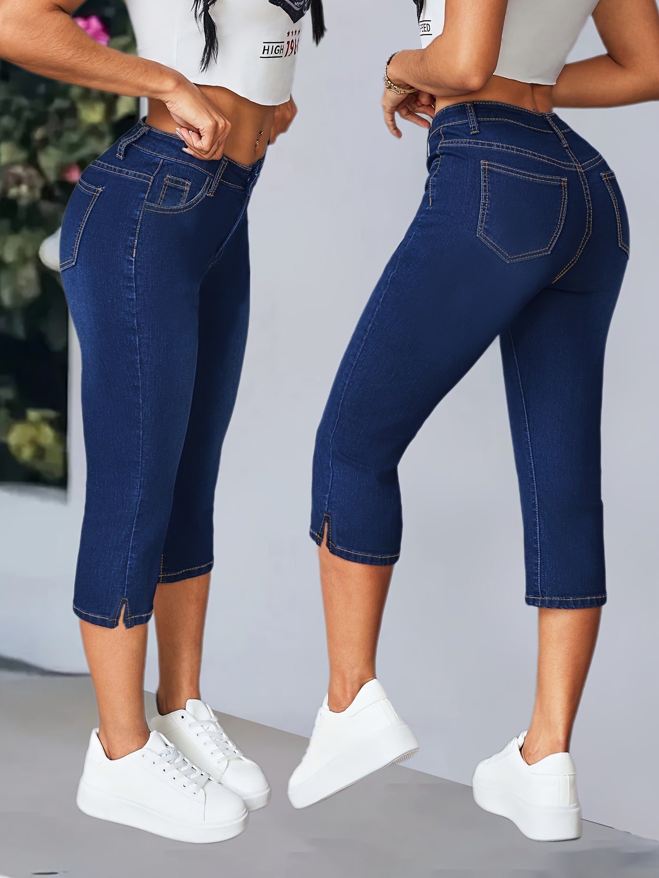 Women'S High-Waisted Mid-Rise Stretch Denim Capri Pants - Elegant Slim Fit with Button Closure, Ripped Detail, and Flared Hem, Light Blue, Spring/Summer Casual Wear, High Waisted Leggings, Spring Summer Apparel, Fashionforward Design