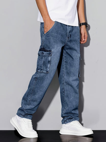 [Hme]Men'S Workwear Casual Loose Short Straight-Leg Jeans, Elastic Denim for Comfort And Relaxation, Heavy-Duty Washed Classic Western Denim in Retro Blue, Designer Multi-Pocket, Suitable for All Seasons, Machine Washable, Built-In YKK5 Zipper