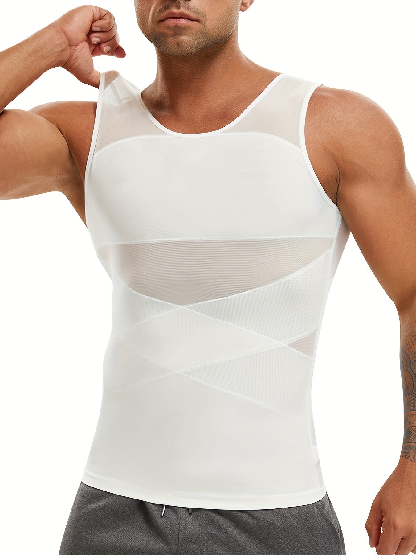 JUNLAN Men'S Compression Shirt | Breathable Double Cross Body Shaper Slimming Vest Tight Tummy Underwear Tank Top | High Stretch Fabric, Crew Neck, Solid Color, Casual Style