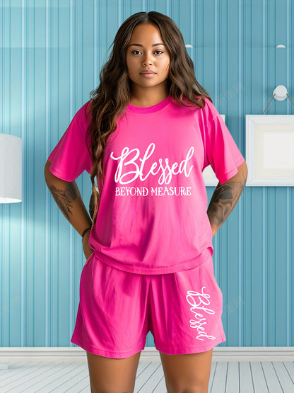 Plus Size - Plus Size - Relaxed Fit Letter Graphic Two-Piece Set, Casual Short-Sleeve Tee And Shorts Outfit, Women'S Trendy Rose Red Ensemble