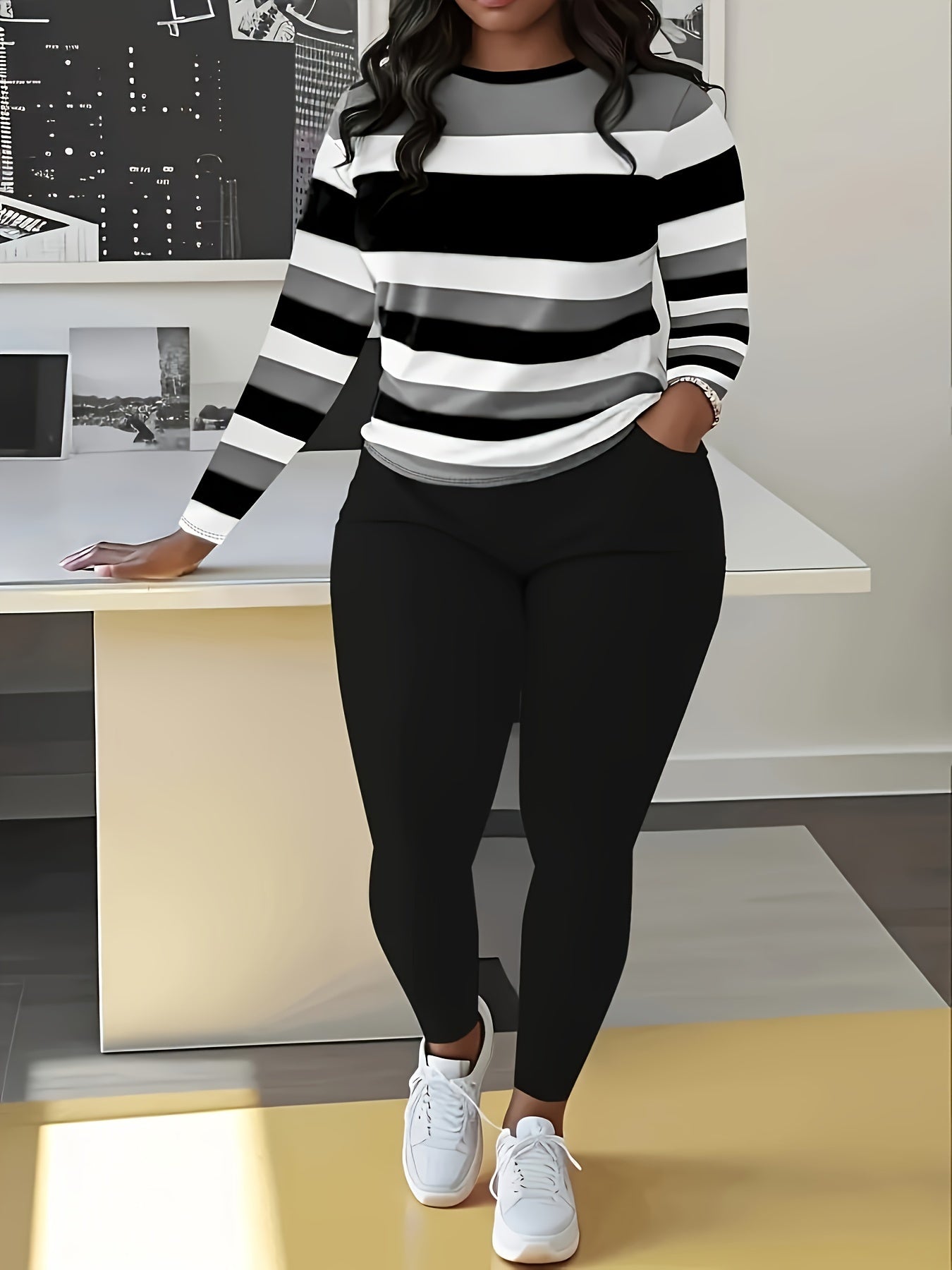 Plus Size Color Block Two-piece Set, Casual Crew Neck Long Sleeve Top & Pants Outfits, Women's Plus Size Clothing