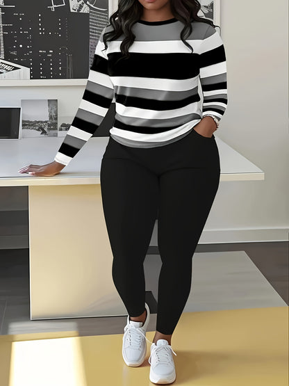 Plus Size Color Block Two-piece Set, Casual Crew Neck Long Sleeve Top & Pants Outfits, Women's Plus Size Clothing