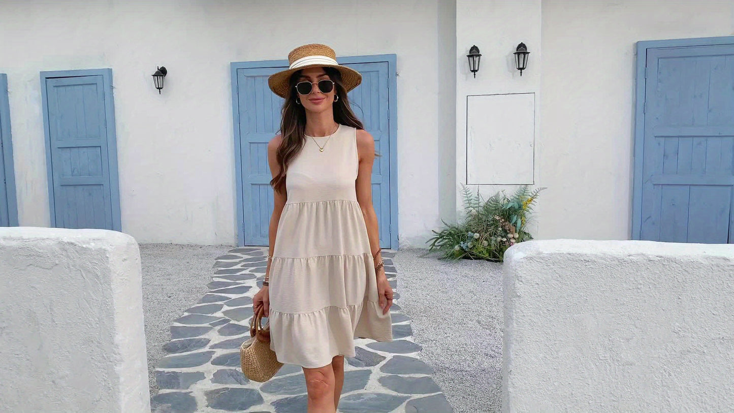 Round Neck Loose Big Swing Patchwork Cake Dress, Casual Solid Color Sleeveless Waist Summer Dresses