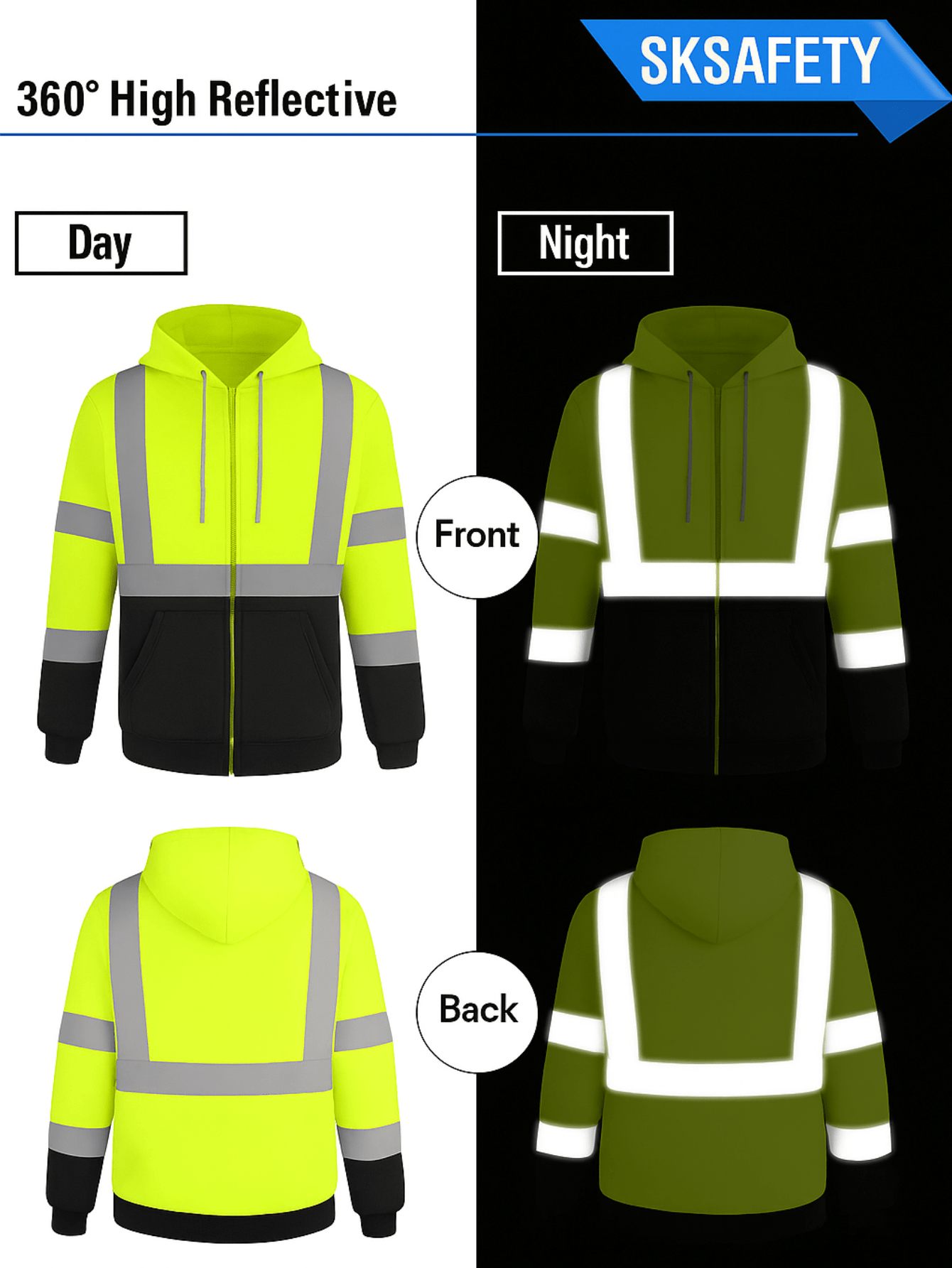 Hi Vis Heavyweight Hoodie ANSI Class 3 Type R Reflective Zip-Up Safety Sweatshirt for Construction with FREE Neck Gaiter