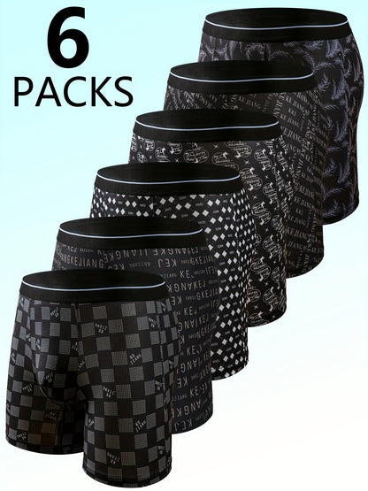 6pcs Men's Stretchy Boxer Briefs - Breathable & Comfortable, Black & White Print Polyester Blend, Elastic Waistband, Perfect for Sports & Casual Attire