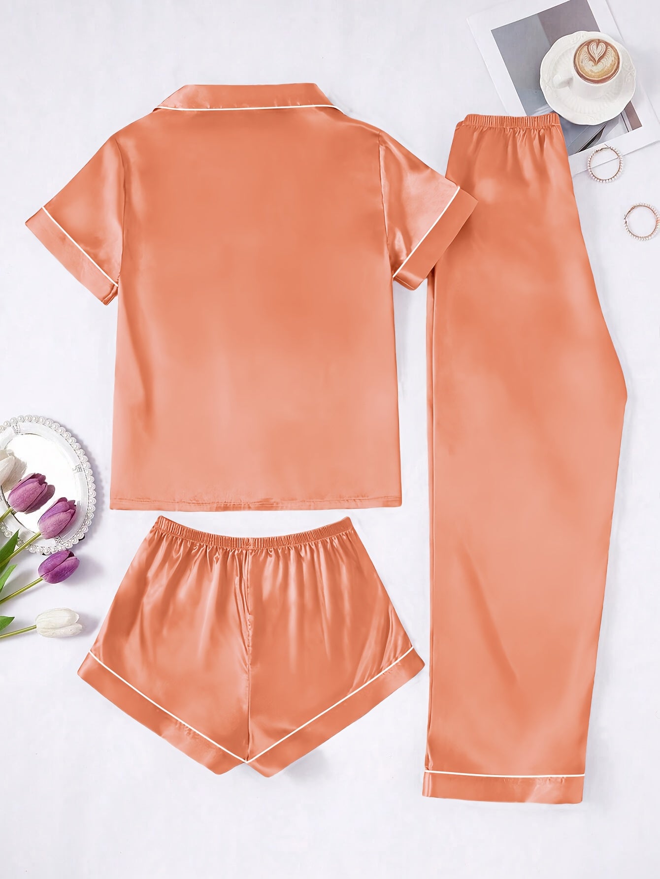 Solid Color Women'S Simple And Comfortable 3pcs Pajama Set, Includes 3pcss: Collared Short-Sleeve Top & Elastic Waist Shorts & Elastic Waist Long Pants Women'S Pajama Set