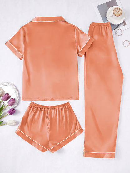 Solid Color Women'S Simple And Comfortable 3pcs Pajama Set, Includes 3pcss: Collared Short-Sleeve Top & Elastic Waist Shorts & Elastic Waist Long Pants Women'S Pajama Set