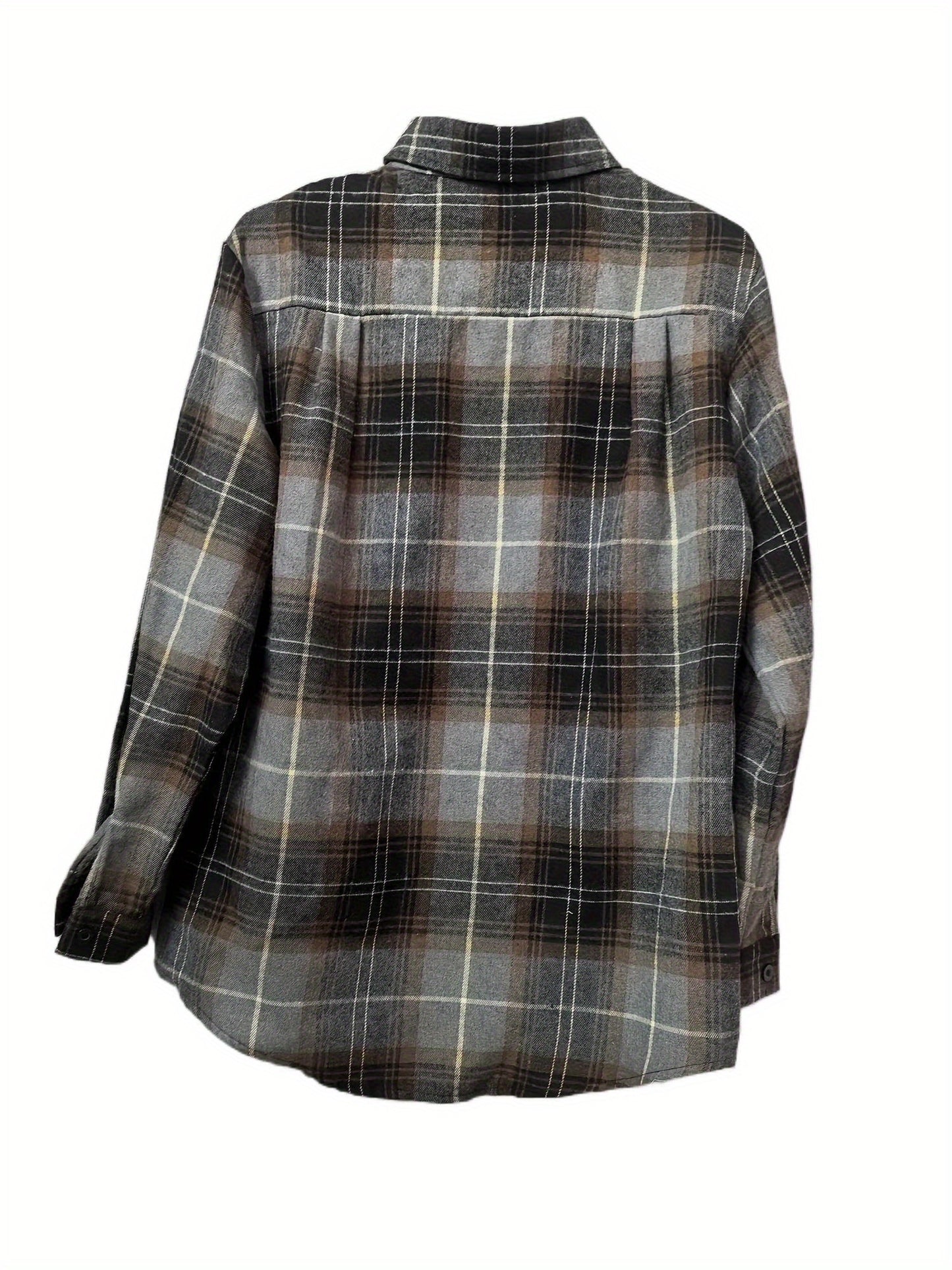 [Casual Flannel Shacket] Women's Casual Flannel Plaid Shacket Button Long Sleeve Gray Shirt Jacket Coats With Pockets