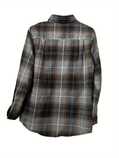 [Casual Flannel Shacket] Women's Casual Flannel Plaid Shacket Button Long Sleeve Gray Shirt Jacket Coats With Pockets