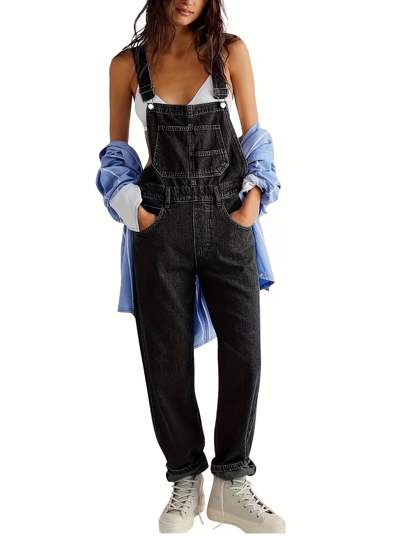 Women's Loose-fitting Straight-leg Denim Overalls Jumpsuit - Wide-leg Casual Style with Pockets, Machine Washable for Spring, Summer, And Autumn, Sizes S-XXL