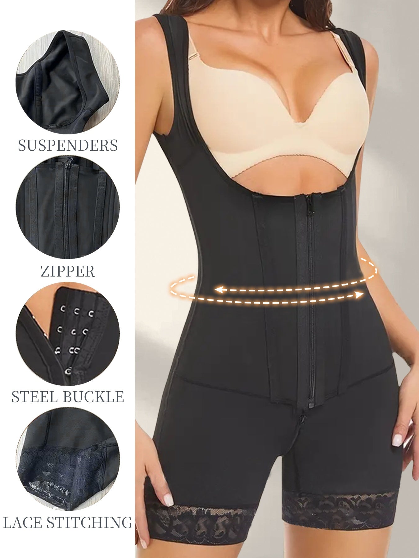 Women's Shapewear Front Button Abdominal Zipper Post Surgical Abdominal Control Full Body Shaping Legs Crotch Zipper Hip Lifter