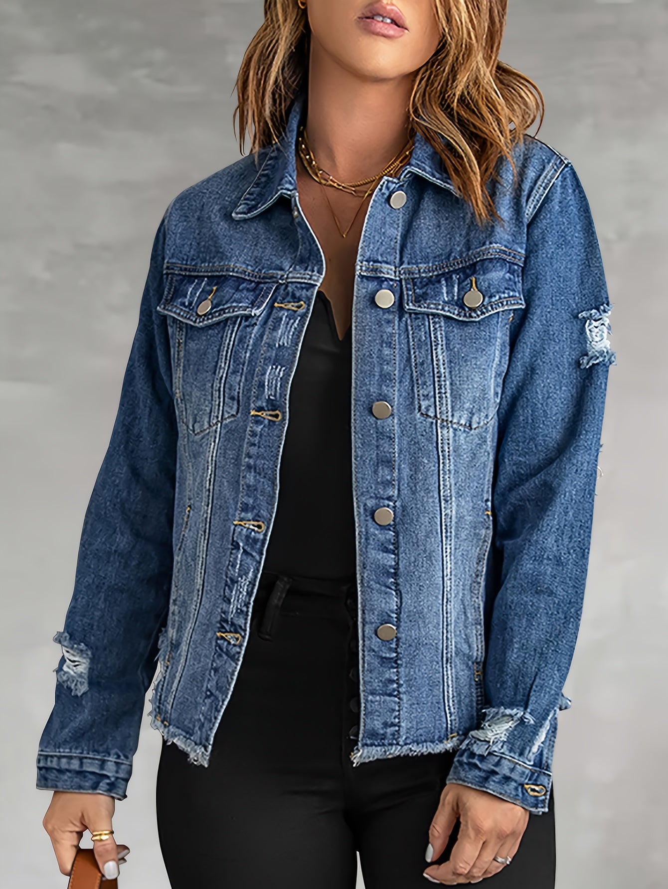 Washed Out Women's Denim Jacket with Pockets; Boyfriend Style; Distressed Look.