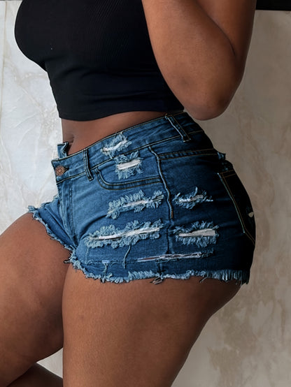 Ripped Raw Hem Denim Shorts, Distressed Washed Blue Denim Shorts, Women's Denim Jeans & Clothing