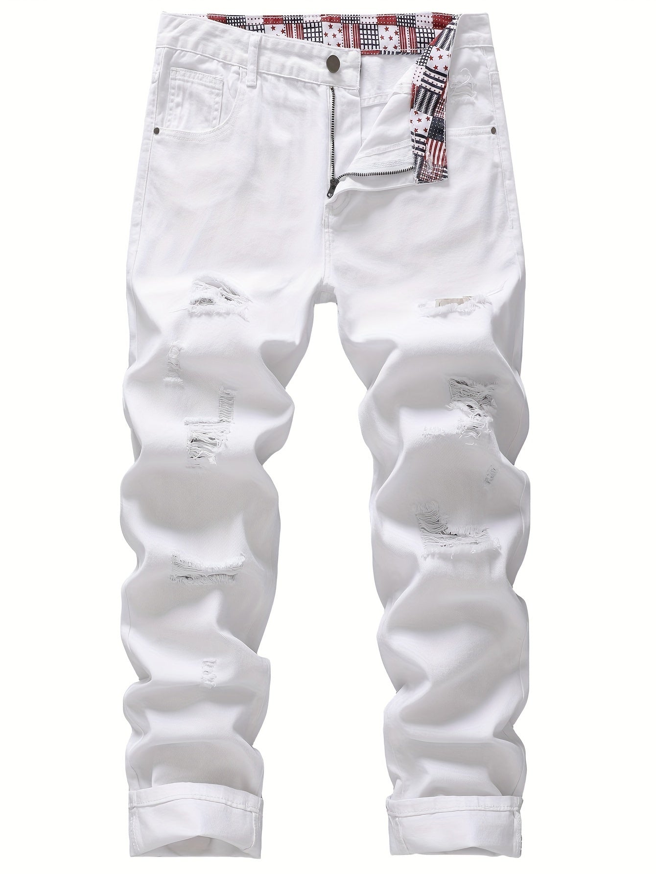 Men's Non-Stretch Ripped Tapered Denim Jeans - Distressed Streetwear Pants with Tapered, Ripped Hem & Flag Suitable for - Wear, Machine Washable Regular Fit for Urban Fashion and Casual Outfits