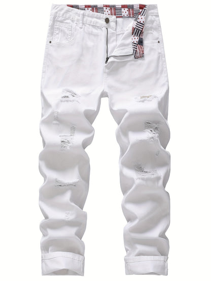 Men's Non-Stretch Ripped Tapered Denim Jeans - Distressed Streetwear Pants with Tapered, Ripped Hem & Flag Suitable for - Wear, Machine Washable Regular Fit for Urban Fashion and Casual Outfits