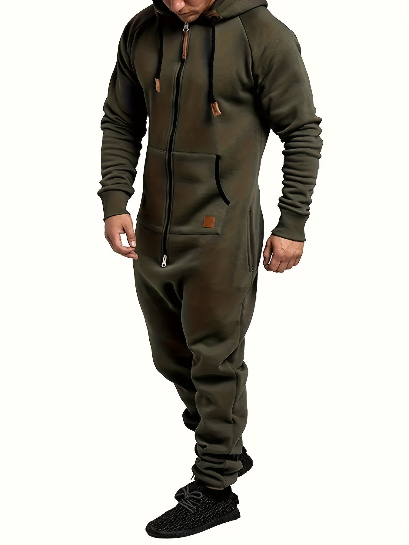 A Men's Hooded Fleece-lined Jumpsuit, Long Sleeve, Full Zip Jumpsuit with Kangaroo Pocket, Suitable for Spring Travel And Seaside Trips
