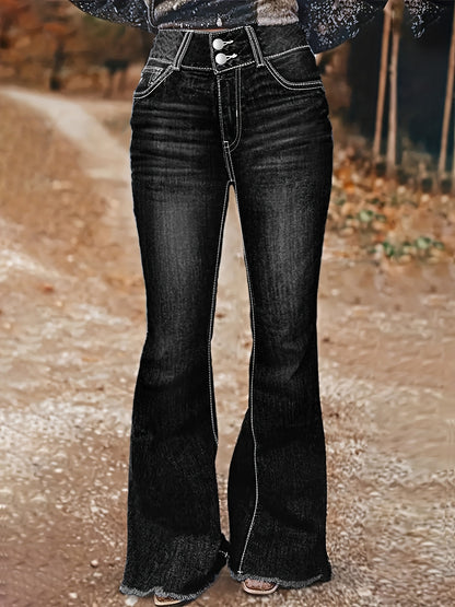 Women'S Denim Trousers Featuring Black Irregular Graphic Embroidery, a Spacious Back Pocket, High Waist, Flared Design, Durable Contrasting Color Wash, And Cat Whiskers, Embodying a Sophisticated Retro Aesthetic