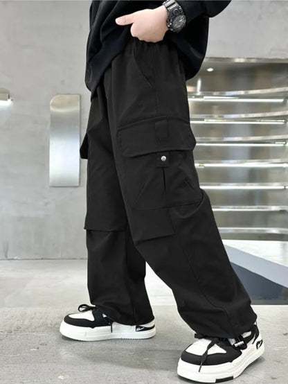 2pcs Boys' Nylon Cargo Pants Set - Loose Fit Outdoor Joggers with Pockets, Breathable Matte Fabric, for Casual Wear Or Back to School, Sizes 120-170, for Outdoor