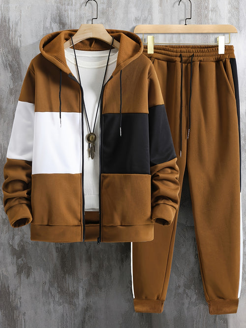 Men'S Clothing, Contrasting Long-Sleeve Zip-Up Hooded Jacket And Drawstring Pants Two-Piece Set for The Outdoors