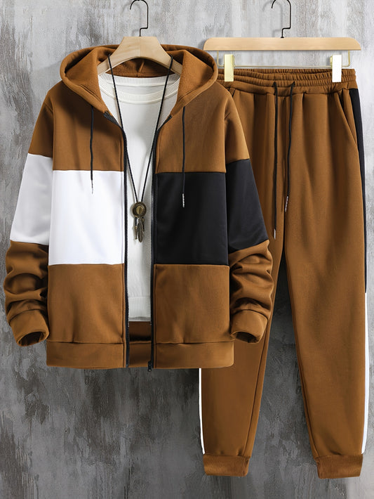 Men'S Clothing, Contrasting Long-Sleeve Zip-Up Hooded Jacket And Drawstring Pants Two-Piece Set for The Outdoors