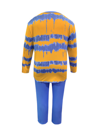 Plus Size - Plus-size Fashion Tie-dye Striped Print Long-sleeved Trousers Suit, Suitable For Going Out