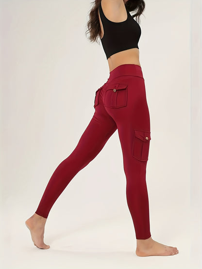 Halloween Costume, 3pcs Women's High-Waisted Yoga Leggings with Pockets - Stretchy Running and Athletic Tights, Button Design, Solid Colors Black, Maroon, Gray, Practical Flap Pockets, Comfortable Fabric Christmas Women's Autumn Wear