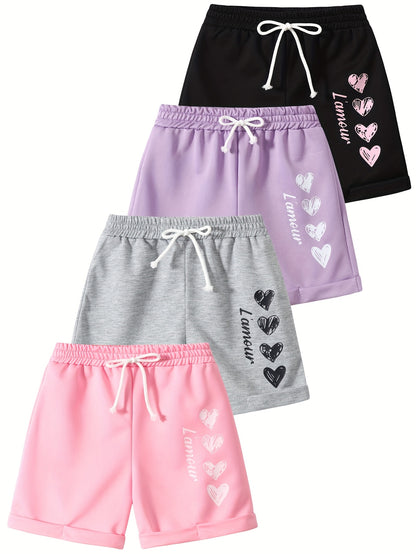 4pcs Girls' Summer Shorts with Heart Print & Bow Front - Non- Bow Tie Waistband, Machine Washable Casual Shorts Suitable for, Playdates, Casual Attire - Spring/Summer Outfits for to, Perfect for Outdoor