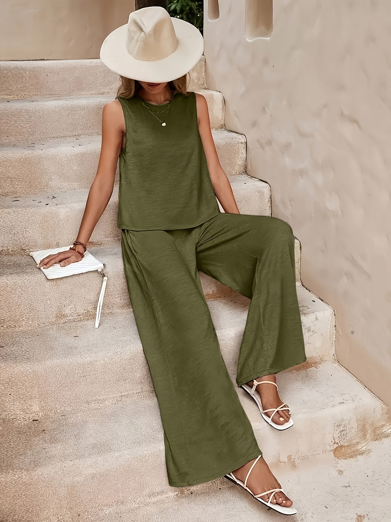 Lady'S Fashionable Red Sleeveless Top And Wide-leg Pants Set - Fiber, Solid Color, Suitable For Spring And Summer Casual Wear