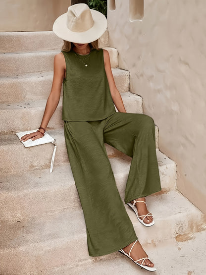 Lady'S Fashionable Red Sleeveless Top And Wide-leg Pants Set - Fiber, Solid Color, Suitable For Spring And Summer Casual Wear