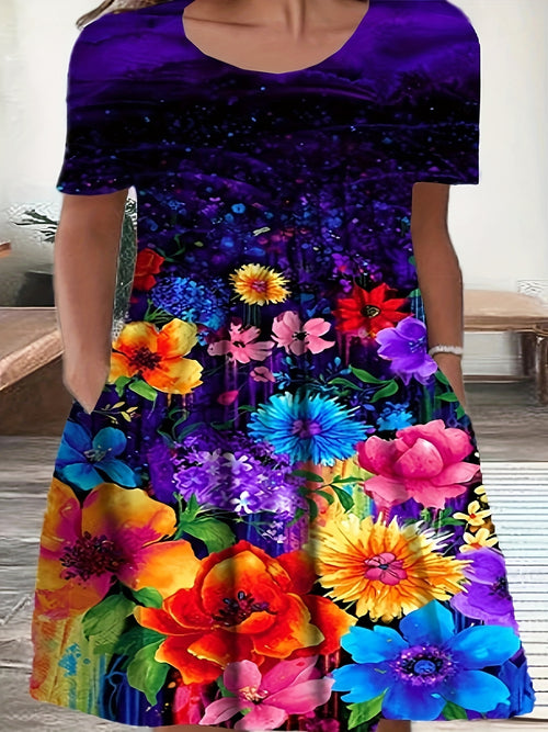Women's Short Sleeve Round Neck Floral Print Dress - Summer Casual Style - For Women - Perfect for Parties & Casual Outings - Great Gift for Her