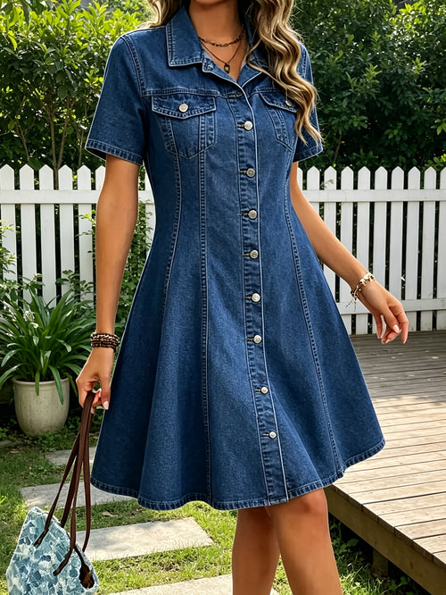 [Machine Washable Skirt Dress] Women's A-Line Denim Skirt Dress with Retro Polo Collar & Short Sleeves - Pocket -Free Short Length Suitable for Daily Wear, Date Nights, Shopping Outfits, Machine Washable Figure-Hugging Skirt Dress