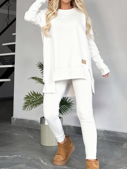 2pcs New Women'S Fashionable Casual Top with Slit Long Sleeves And Round Neck Casual Solid Color Set Suitable for Spring Workplace Commutes