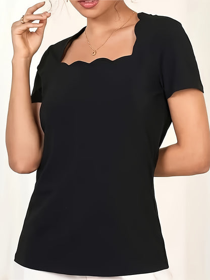 Stylish Black Tee - Sophisticated Women'S Short Sleeve Square Neck - Easy to Wash, Perfect for Summer Style And Daily Grace