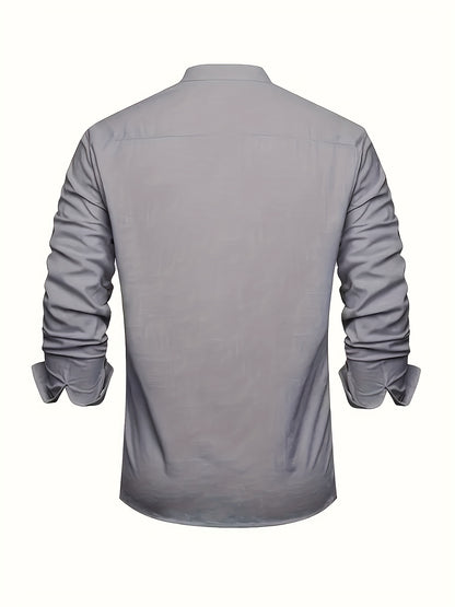 Plus Size Men'S Solid Shirt, Casual Breathable Half Button Cotton Blend Stand Collar Long Sleeve Shirt For Outdoor Activities, Men'S Clothing